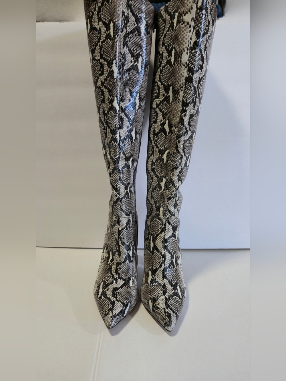 Tony Bianco Women’s Snake-Print Knee-High Pointed Toe Boots - Black Gray White